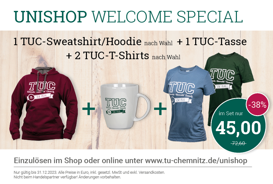 Werbung für den Unishop: Sweatshirt TUC + TUC-Tasse + 2 Stück T-Shirt TUC zum Sonderpreis von 45 Euro